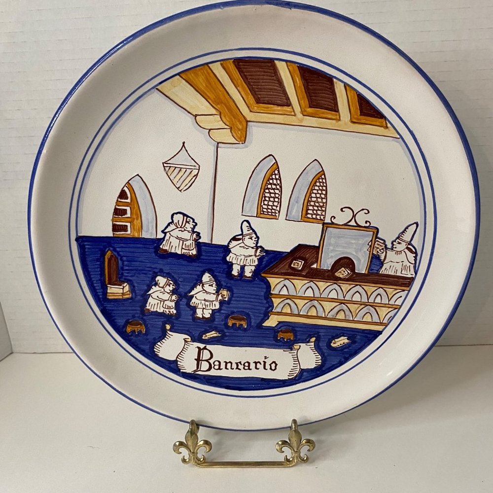 Magnanelli Faience‎ pottery plate "Bancario" Gubbio hand painted Italy 10"